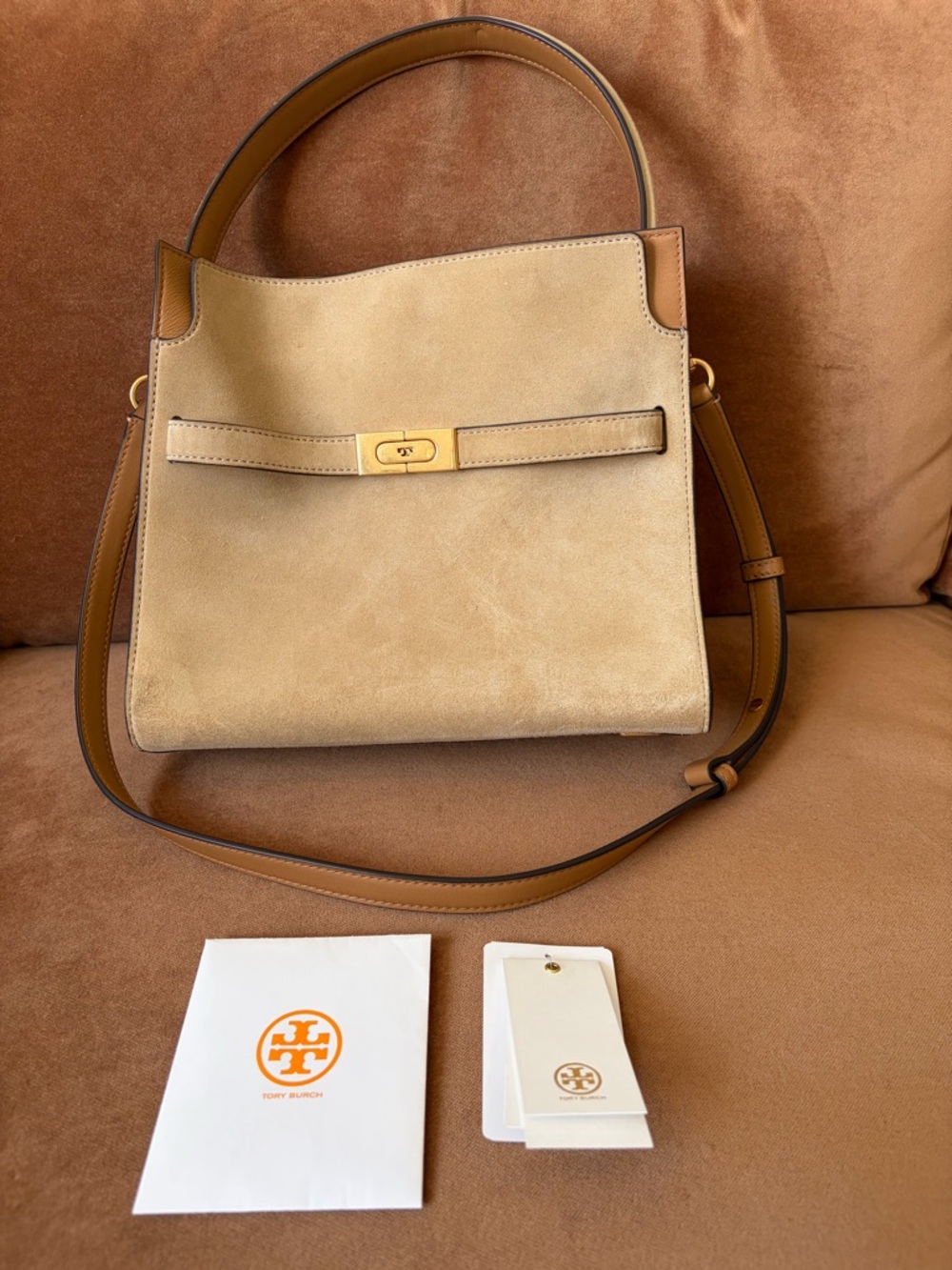 Tory Burch Safari Sand Suede/Leather Small Double Bag